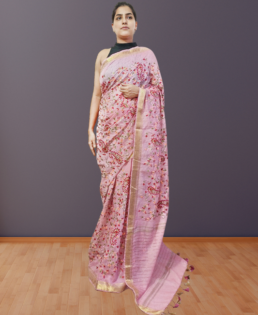 Pink Embroidered Silk Linen Saree