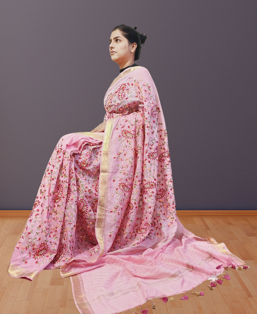 Pink Embroidered Silk Linen Saree