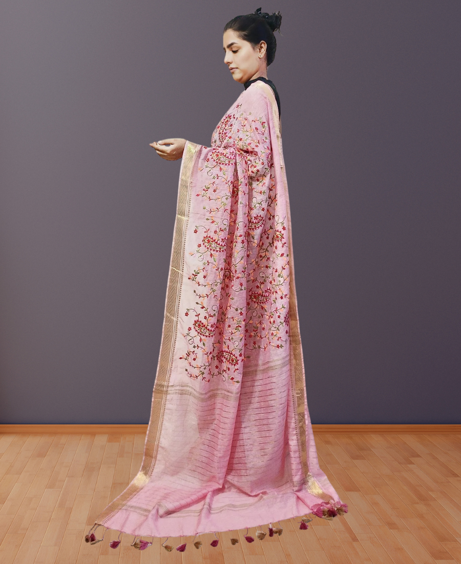 Pink Embroidered Silk Linen Saree