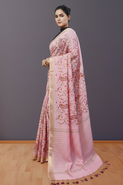 Pink Embroidered Silk Linen Saree