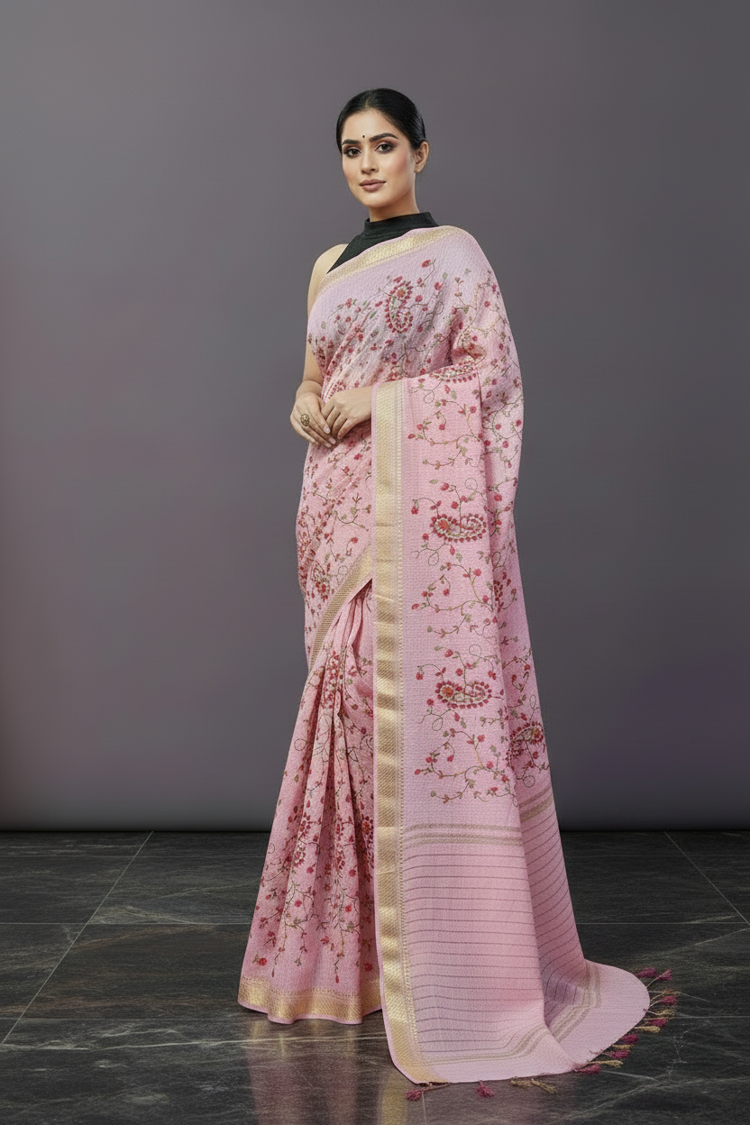 Pink Embroidered Silk Linen Saree