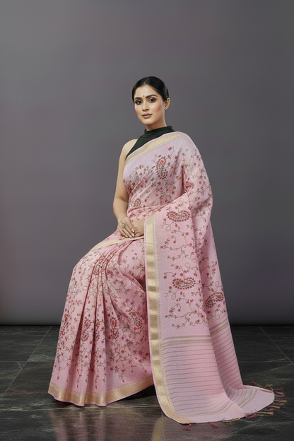 Pink Embroidered Silk Linen Saree