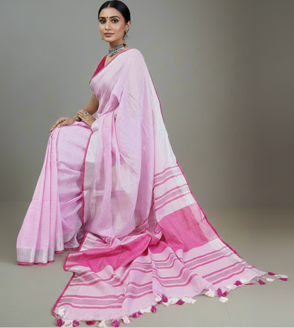 Pink Pure Linen Saree with Silver Zari Border