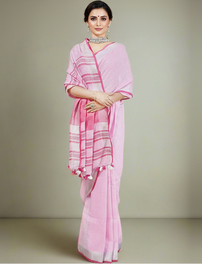 Pink Pure Linen Saree with Silver Zari Border