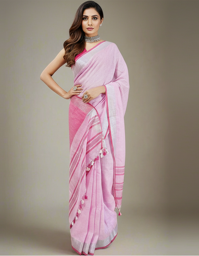 Pink Pure Linen Saree with Silver Zari Border