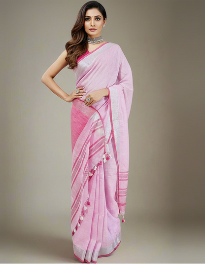Pink Pure Linen Saree with Silver Zari Border
