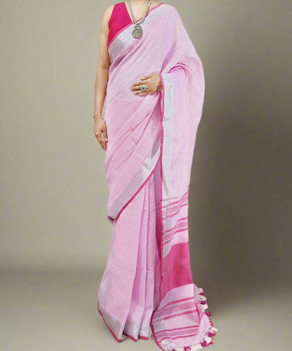 Pink Pure Linen Saree with Silver Zari Border