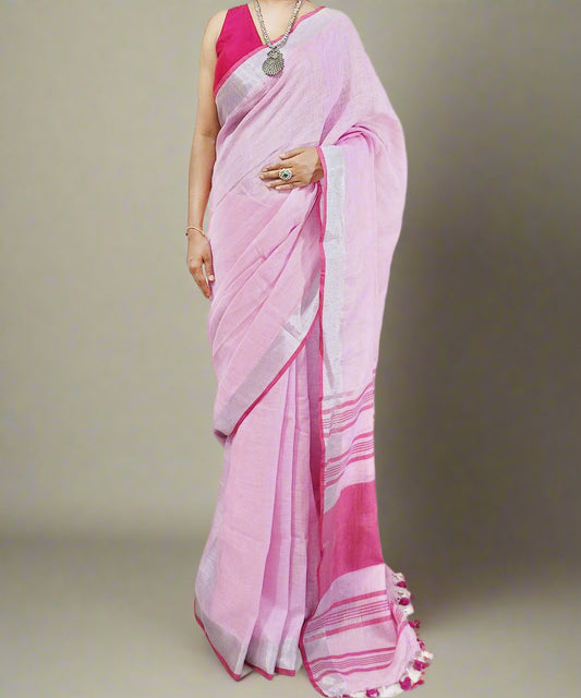Pink Pure Linen Saree with Silver Zari Border