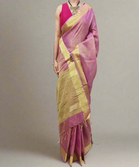 Pink Tissue Linen Saree with Zari Border