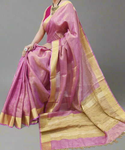Pink Tissue Linen Saree with Zari Border