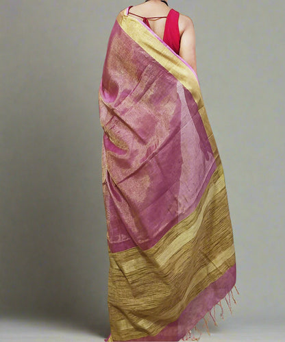 Pink Tissue Linen Saree with Zari Border