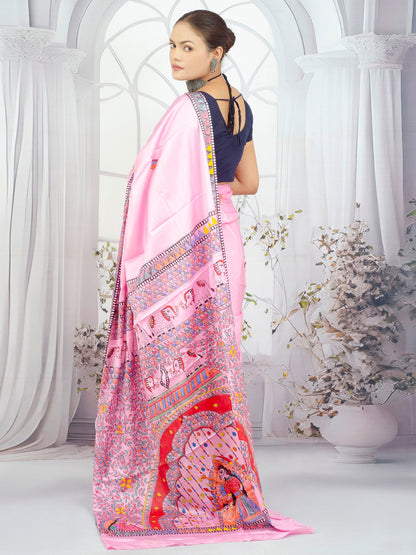 Hand-painted Madhubani artwork on pure crepe silk saree in pink