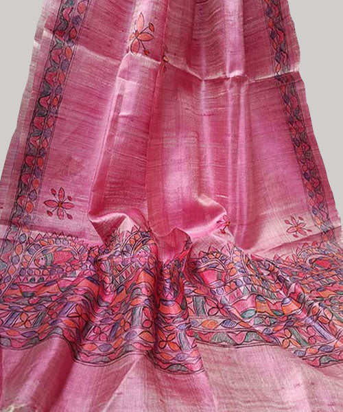 Pink Madhubani Painted Silk Dupatta