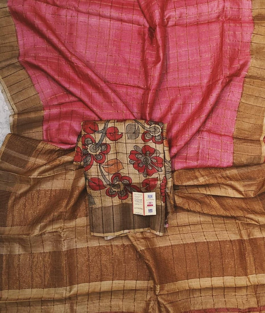 Pink and Beige Bishnupuri Checked Zari Tussar Silk Saree |Peepal Clothing