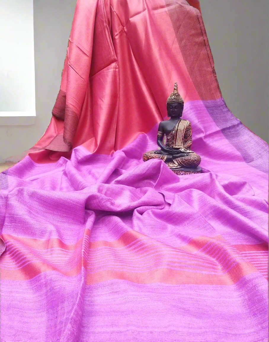 Pink and red Korean tussar ghicha pallu saree with staple body