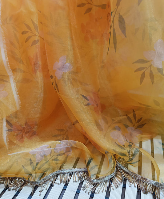 Printed Golden Yellow Organza Saree
