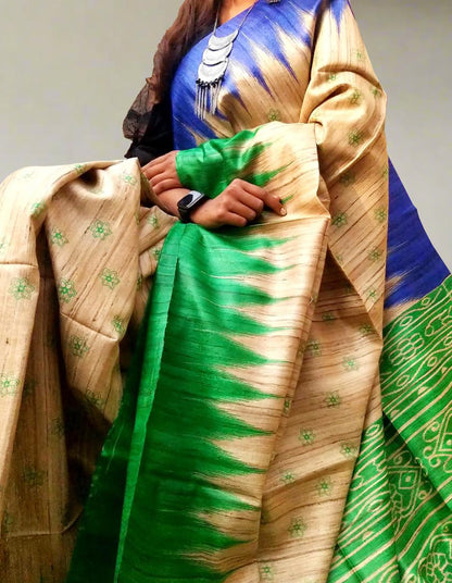 Printed Green and Blue Ghicha Tussar Silk Saree