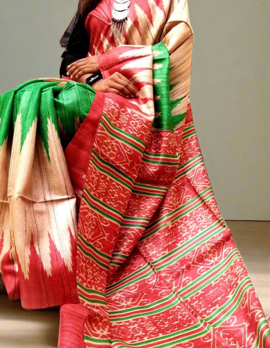 Printed Green and Red Tussar Ghicha Silk Saree