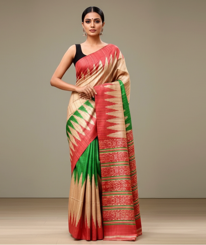 Printed Green and Red Tussar Ghicha Silk Saree