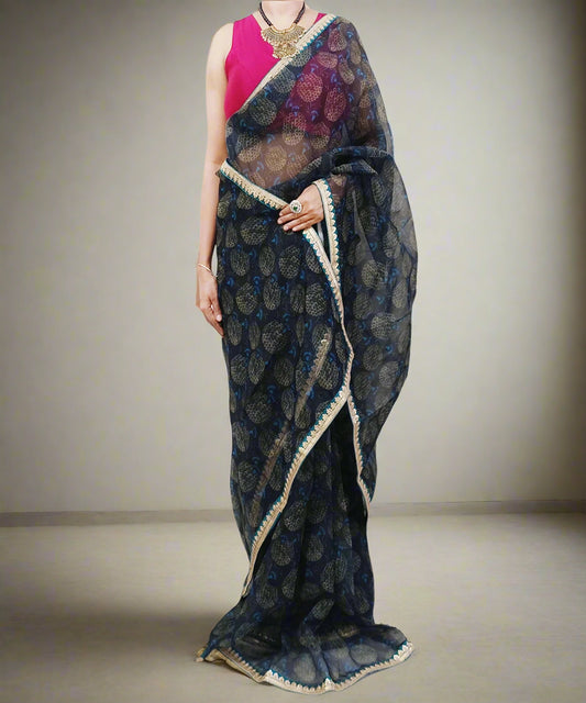 Printed Blue Black Organza Saree1