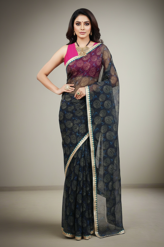 Printed Blue Black Organza Saree