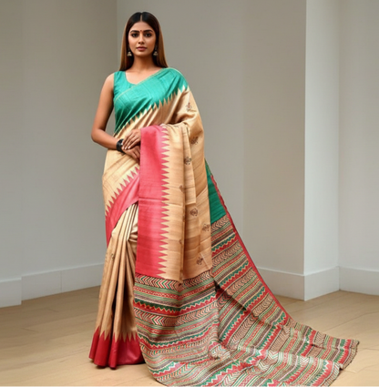 Printed Red and Firozi Temple Border Silk Saree