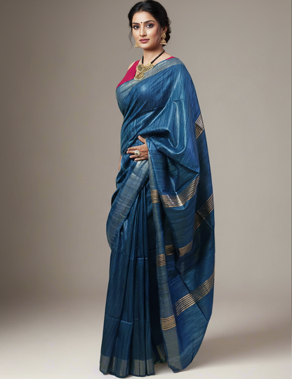 Prussian Blue Handloom Tussar Ghicha Silk Saree