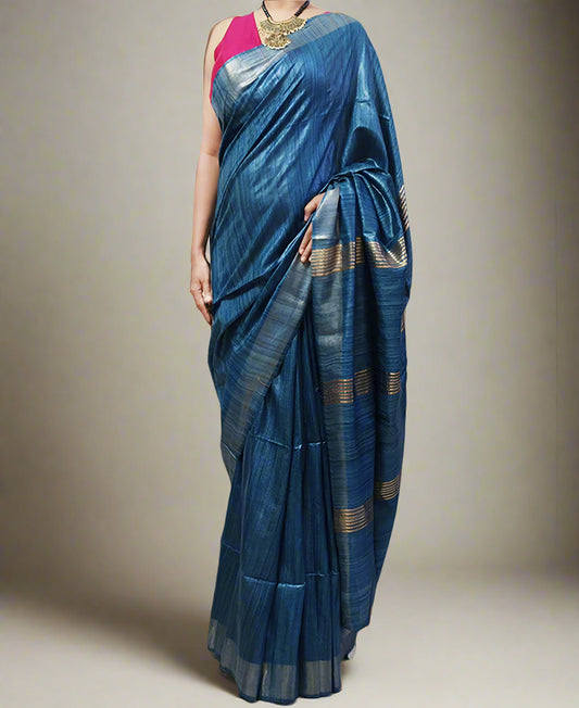 Prussian Blue Handloom Tussar Ghicha Silk Saree