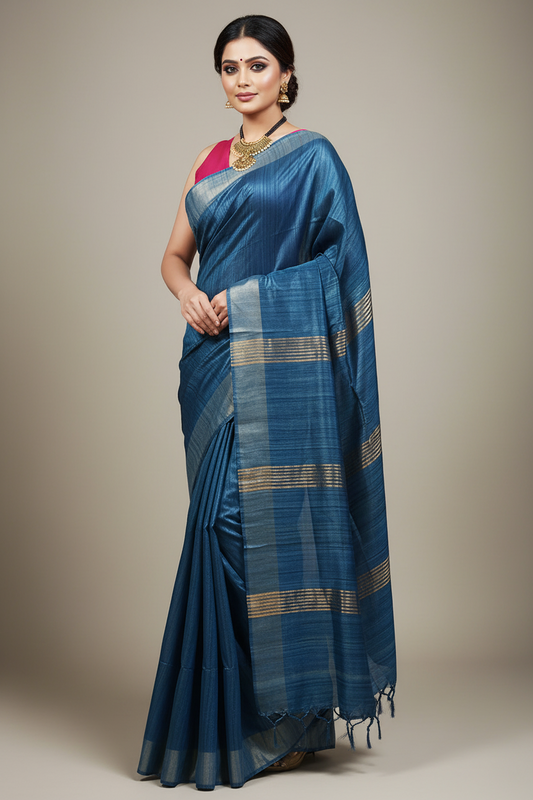 Prussian Blue Handloom Tussar Ghicha Silk Saree