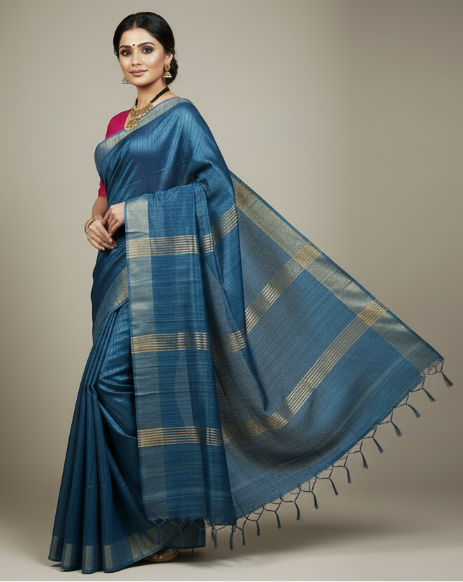 Prussian Blue Handloom Tussar Ghicha Silk Saree