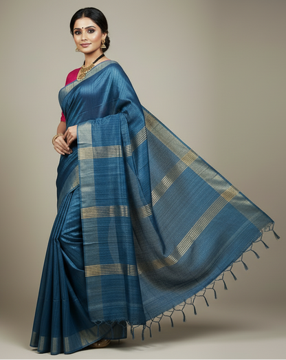Prussian Blue Handloom Tussar Ghicha Silk Saree