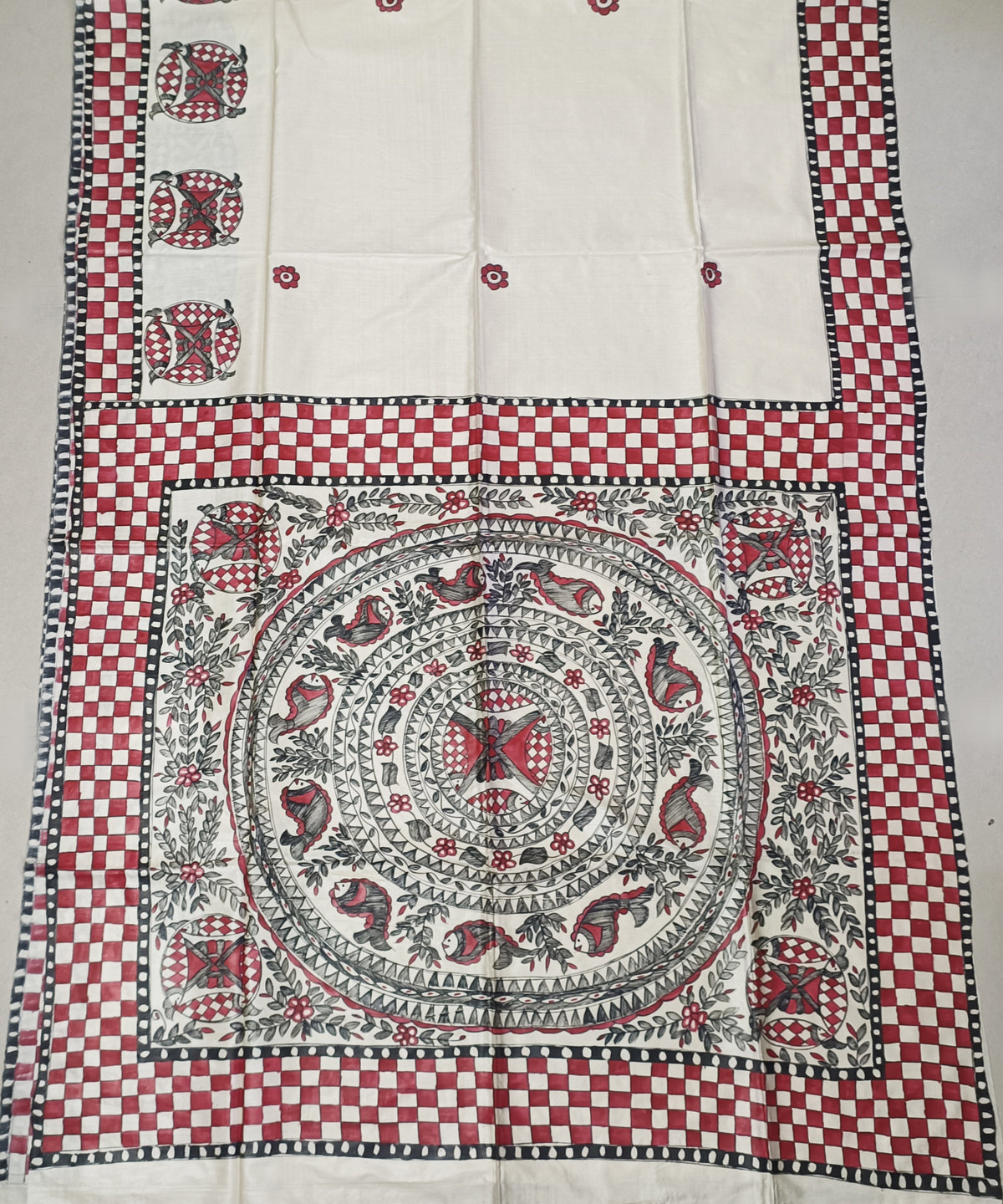 Pure Desi Tussar Silk Madhubani Hand Painted Saree in Off-White & Crimson Red – Handcrafted Mithila Folk Art