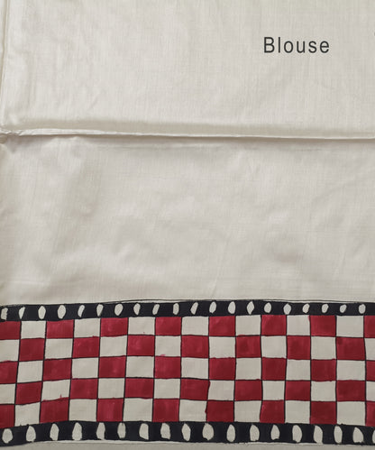Pure Desi Tussar Silk Madhubani Hand Painted Saree in Off-White & Crimson Red – Handcrafted Mithila Folk Art