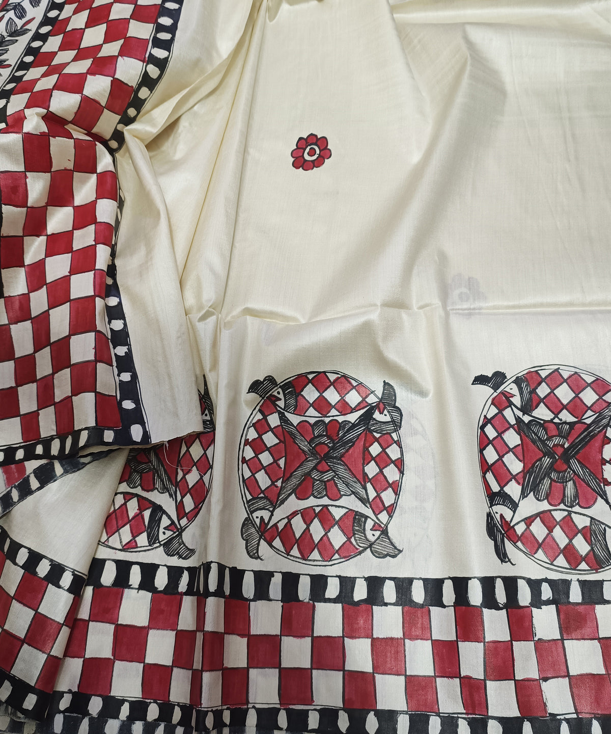 Pure Desi Tussar Silk Madhubani Hand Painted Saree in Off-White & Crimson Red – Handcrafted Mithila Folk Art