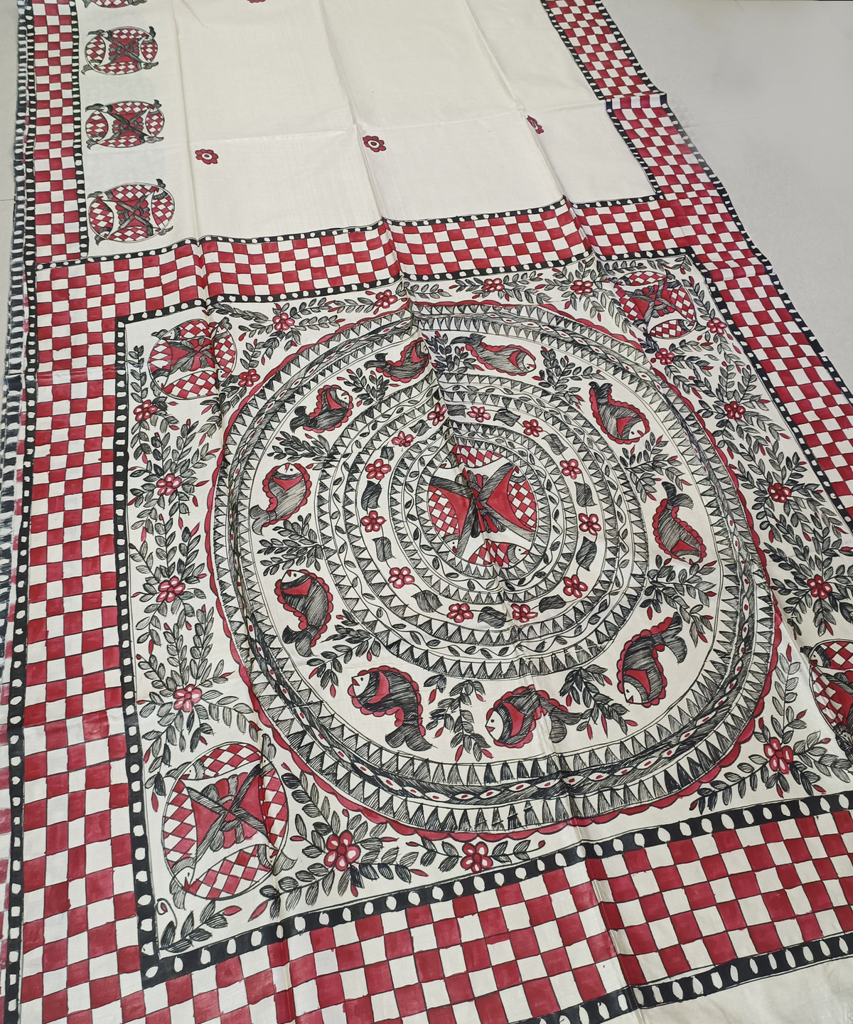 Pure Desi Tussar Silk Madhubani Hand Painted Saree in Off-White & Crimson Red – Handcrafted Mithila Folk Art