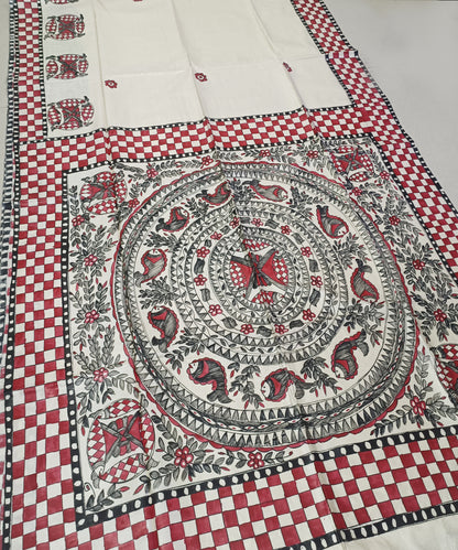 Pure Desi Tussar Silk Madhubani Hand Painted Saree in Off-White & Crimson Red – Handcrafted Mithila Folk Art
