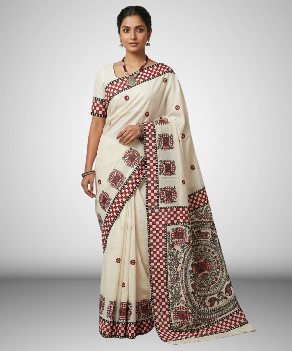 Pure Desi Tussar Silk Madhubani Hand Painted Saree in Off-White & Crimson Red – Handcrafted Mithila Folk Art