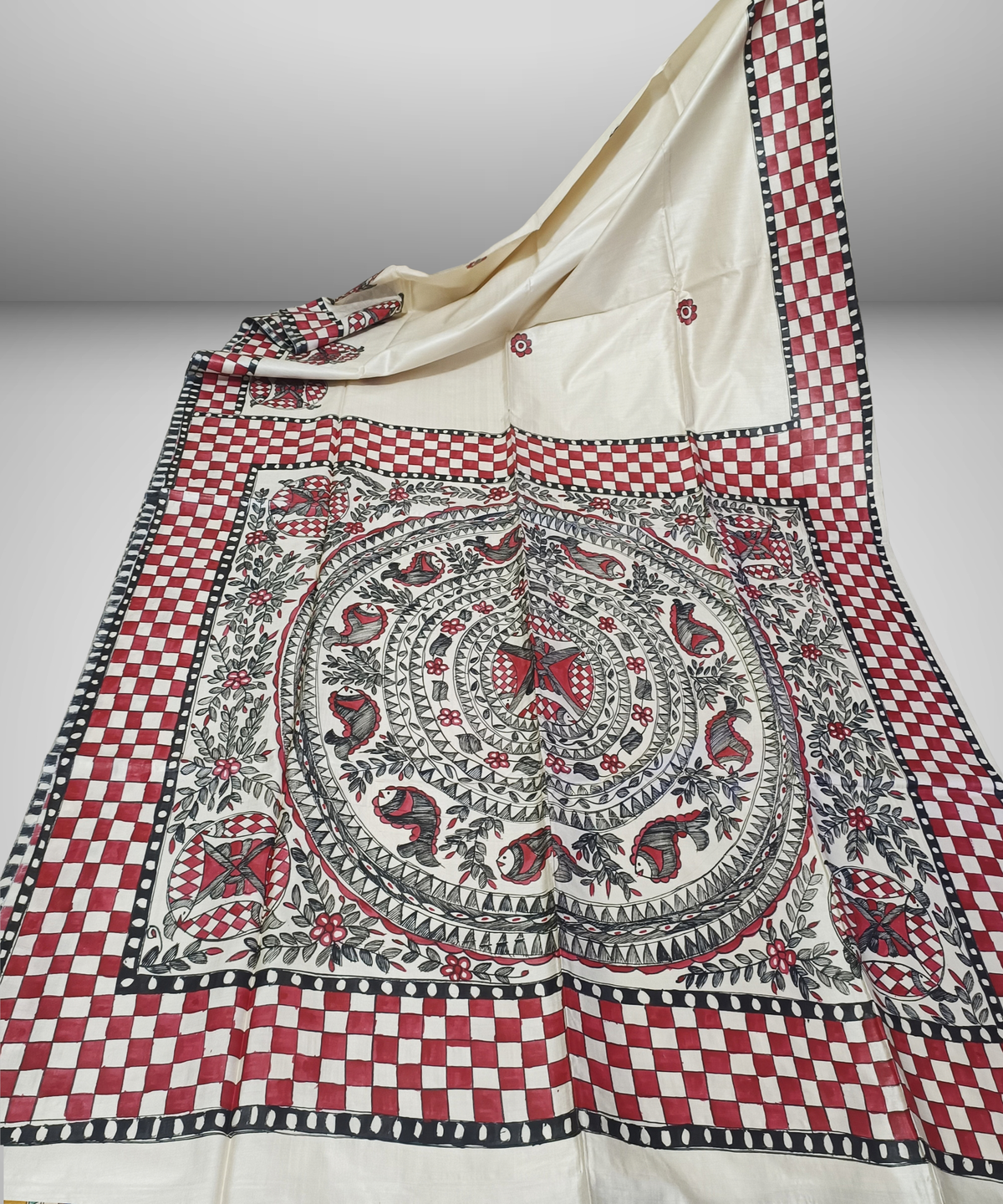Pure Desi Tussar Silk Madhubani Hand Painted Saree in Off-White & Crimson Red – Handcrafted Mithila Folk Art