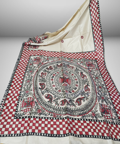 Pure Desi Tussar Silk Madhubani Hand Painted Saree in Off-White & Crimson Red – Handcrafted Mithila Folk Art