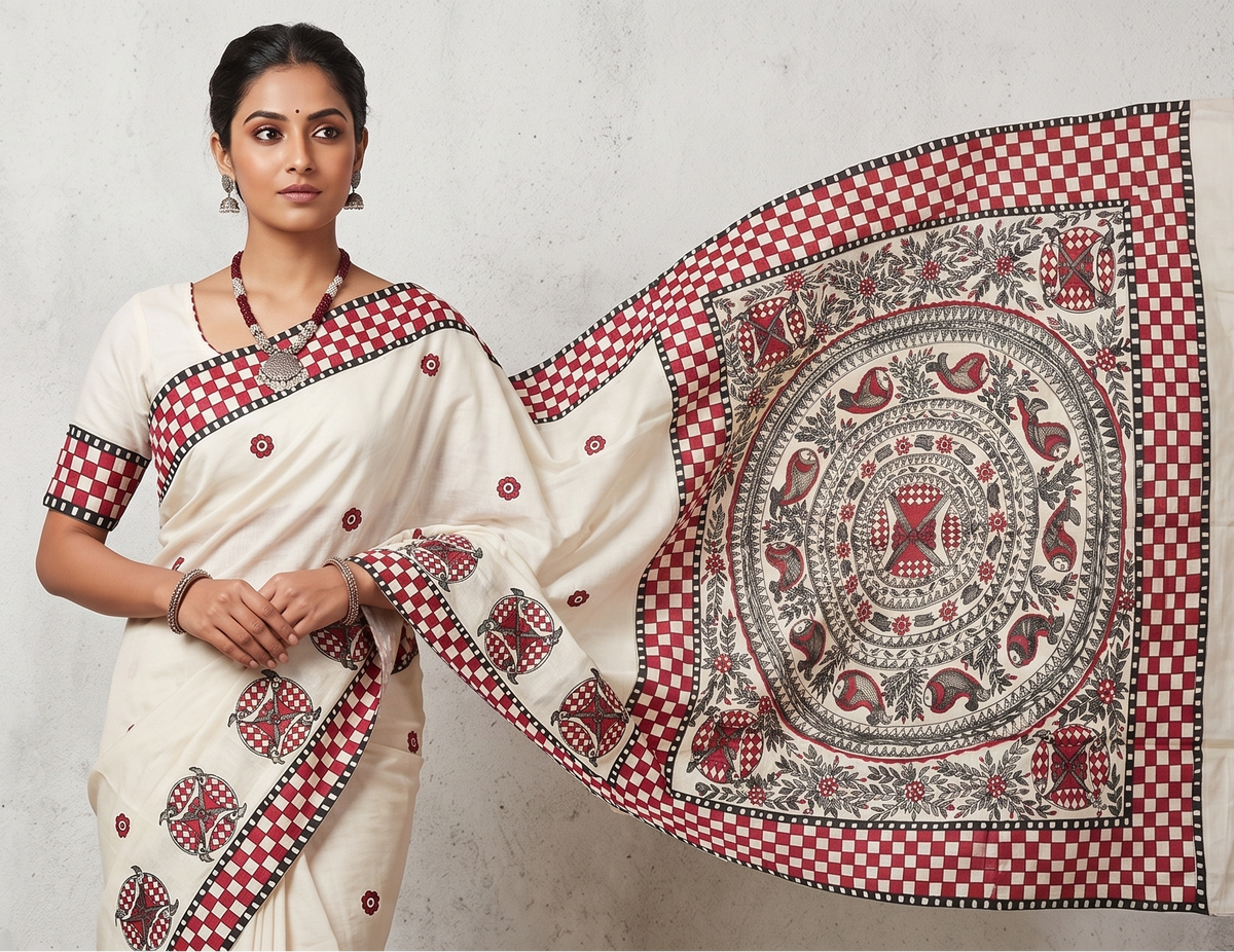 Pure Desi Tussar Silk Madhubani Hand Painted Saree in Off-White & Crimson Red – Handcrafted Mithila Folk Art