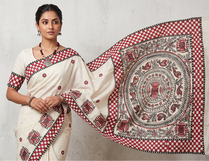 Pure Desi Tussar Silk Madhubani Hand Painted Saree in Off-White & Crimson Red – Handcrafted Mithila Folk Art