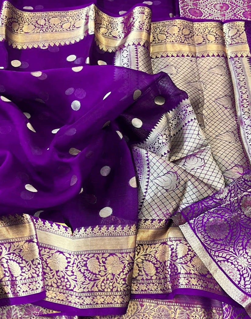 Purple Banarasi Kora Silk Organza Saree