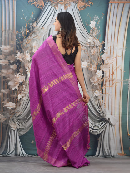 Purple Zari Border Handloon Tussar Ghicha Silk Saree