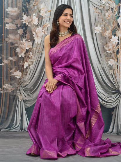 Purple Zari Border Handloon Tussar Ghicha Silk Saree