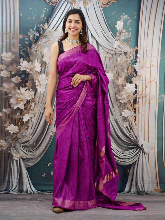 Purple Zari Border Handloon Tussar Ghicha Silk Saree