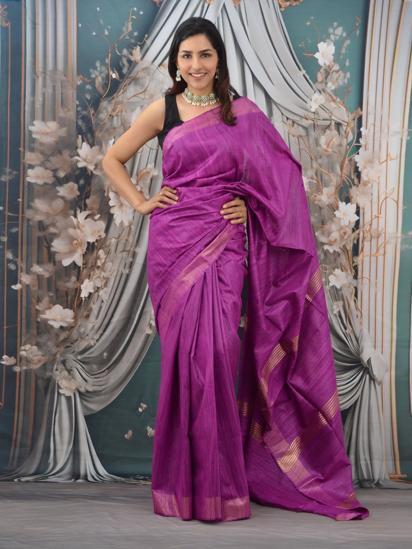 Purple Zari Border Handloon Tussar Ghicha Silk Saree