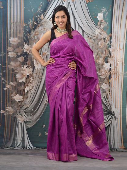 Purple Zari Border Handloon Tussar Ghicha Silk Saree