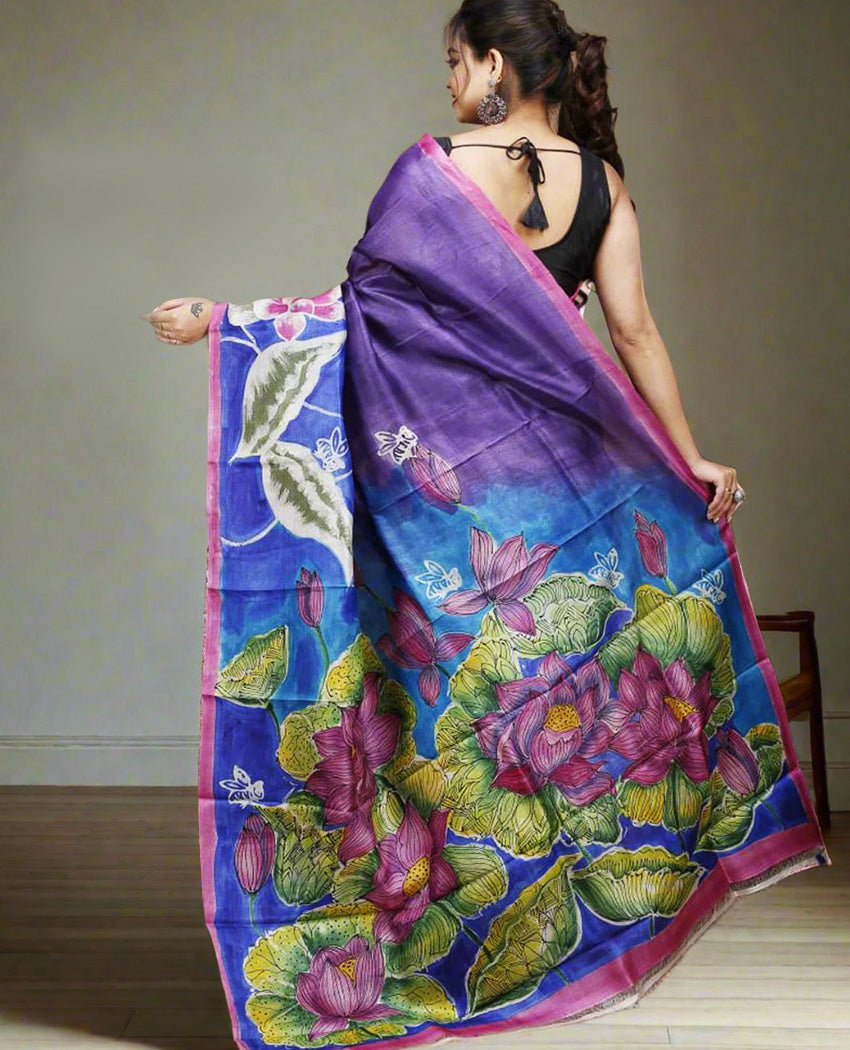Purple Floral Motif Kalamkari Silk Saree