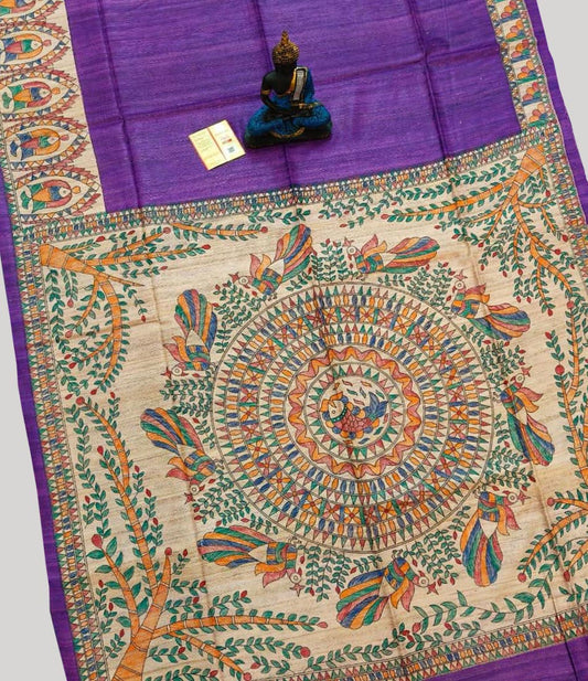 Purple Madhubani Hand Painted Tussar Ghicha Silk Saree | Peepal Clothing