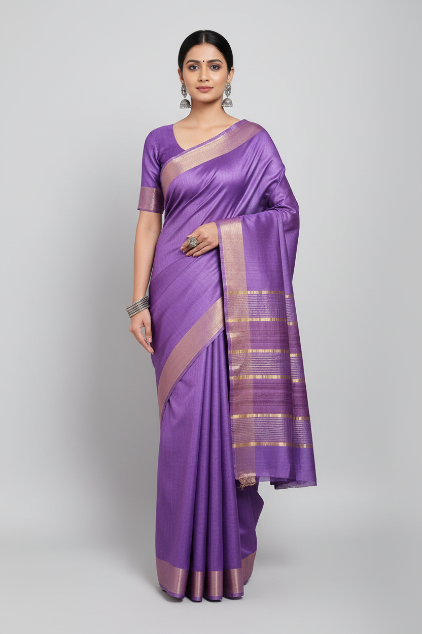 Purple Staple Body Saree with Ghicha Silk Pallu